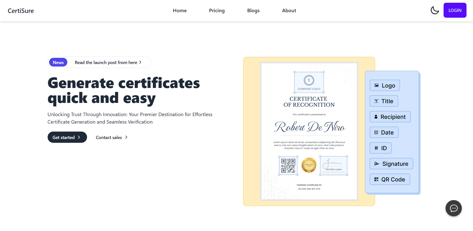 CertiSure user interface